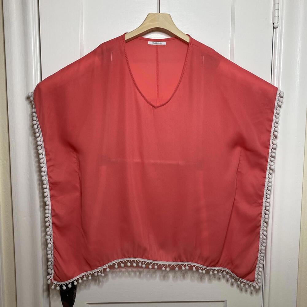 Adreamly Coral Chiffon Swim Cover-up Women OS Butterfly Style Pom-pom Trim Beach